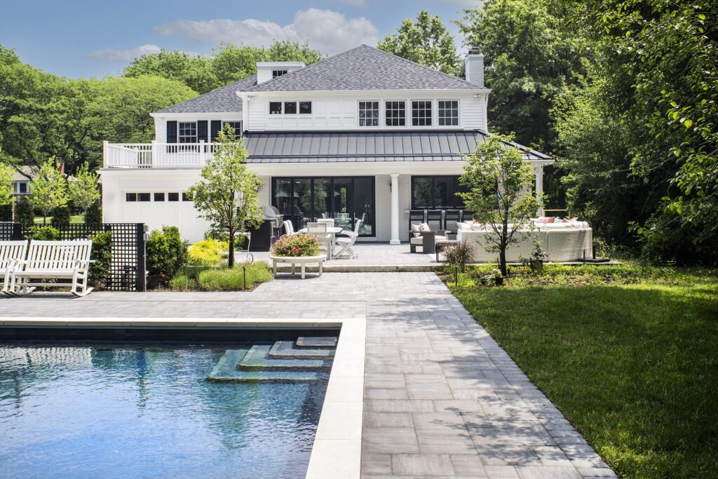 Outdoor swimming pool with seating area