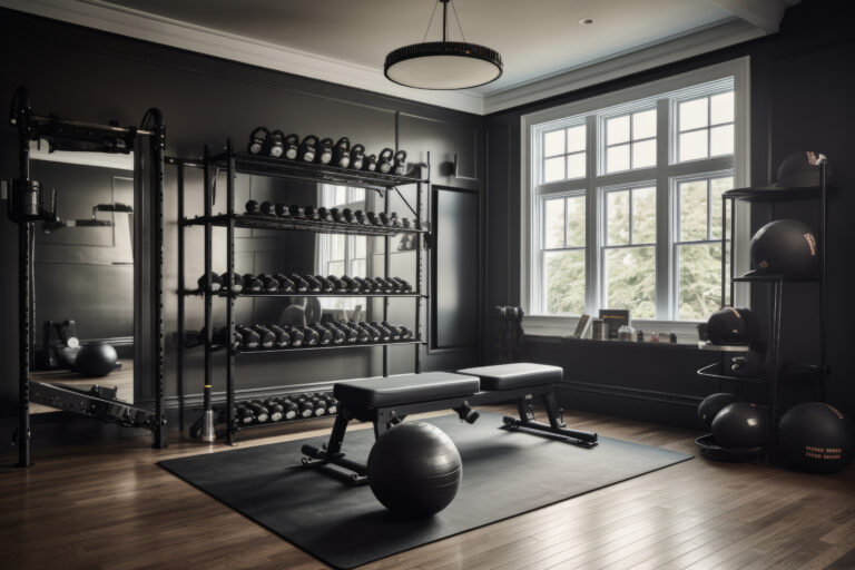 Home gym with full weight set and natural light, creating a personalized fitness space in whole home renovation in Loudoun County