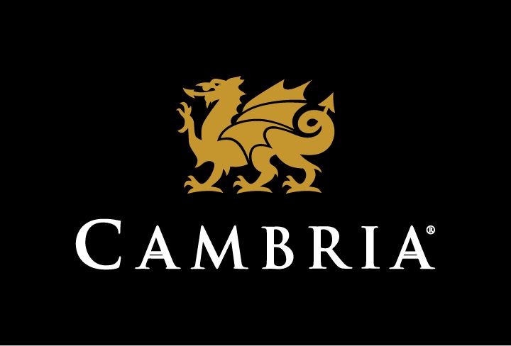 logo of Cambria, featuring a gold dragon (inspired by the welsh flag), on a back background.