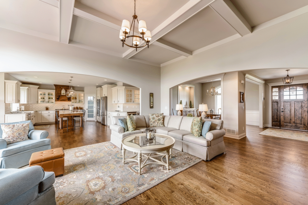 Open-concept ranch home floor plan with vaulted ceilings in Clarke County home