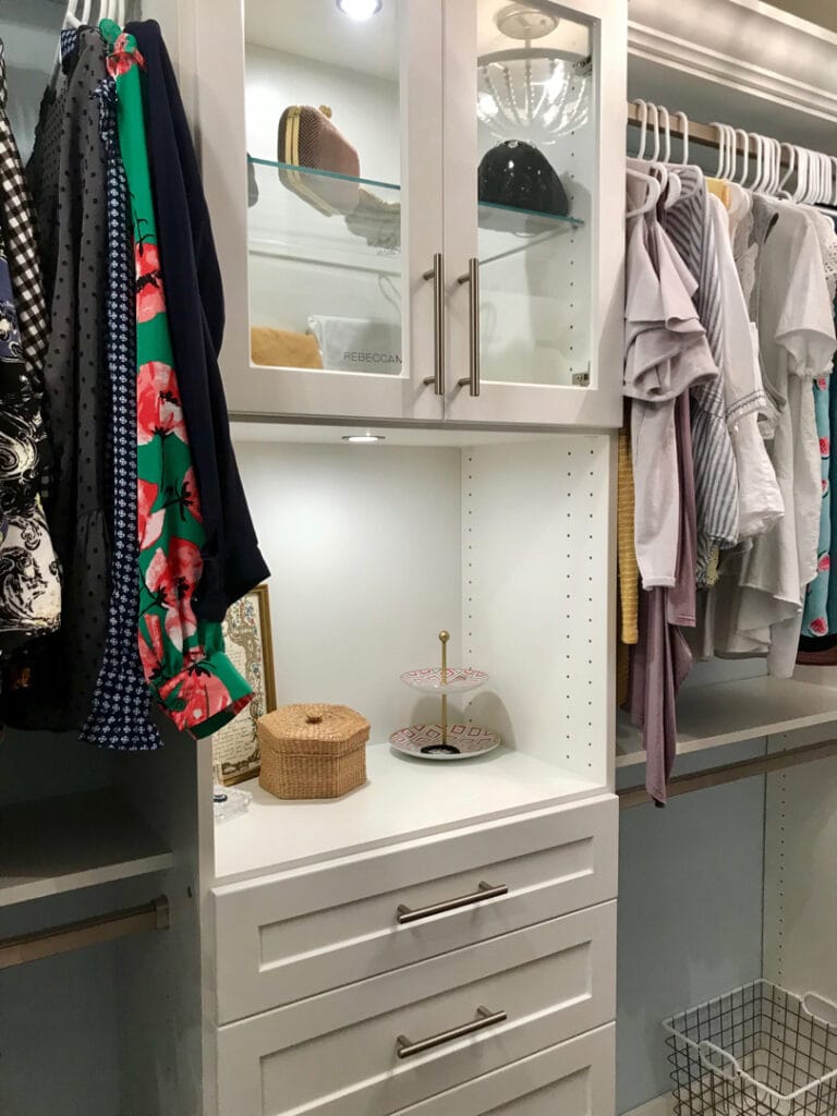 Custom built closet in Leesburg Virginia with shelving, shoe racks, and jewelry drawer