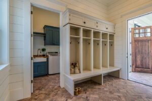 Family foyer with built-in lockers and benches for organized storage