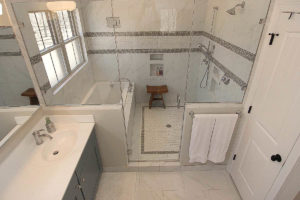 Walk-in shower with no-step entry designed for aging in place