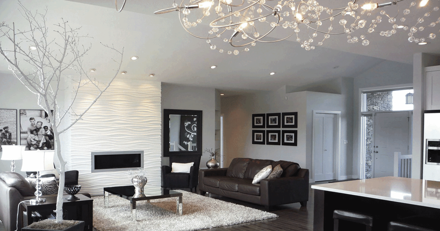 modern custom living room with custom light fixture textured white wall minimalistic fireplace leather sofa