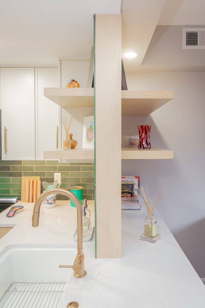 Close up view of open wood shelving at the peninsula island.