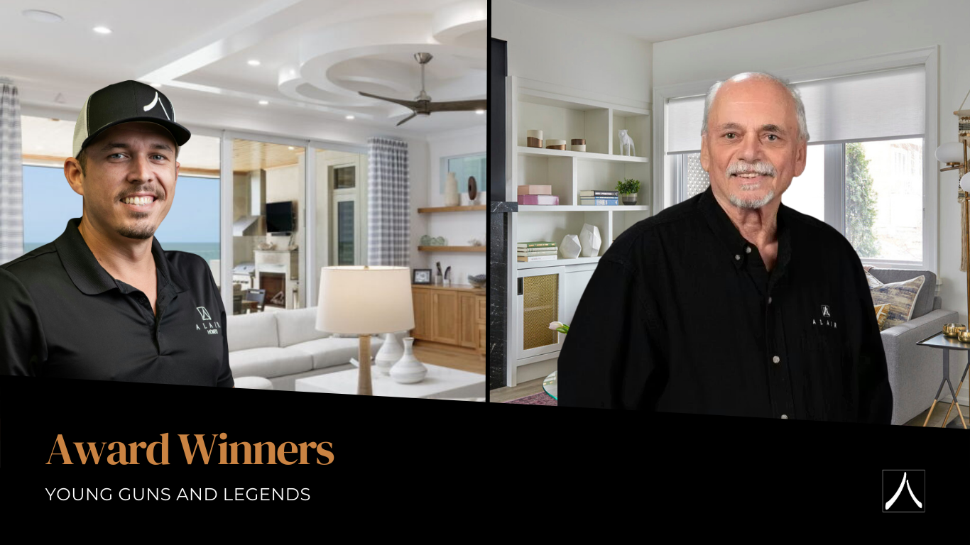 Headshots of Brad McIntyre, left, and Albert Donadio overlay project images of houses from Alair Sanibel and Alair Orillia, respectively; bottom text reads, 