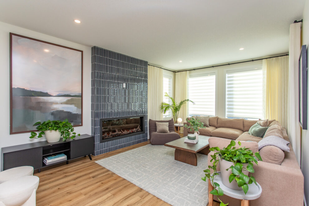 Finished open concept living space in custom home built by Alair Homes Red Deer in Central Alberta