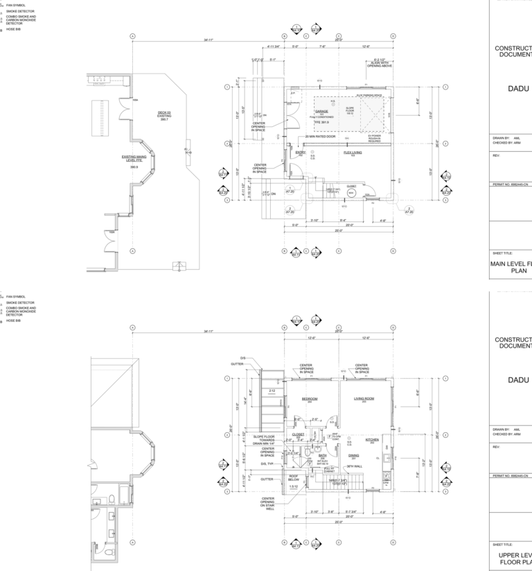 One bedroom DADU floor plans showing garage level and upper living level layout