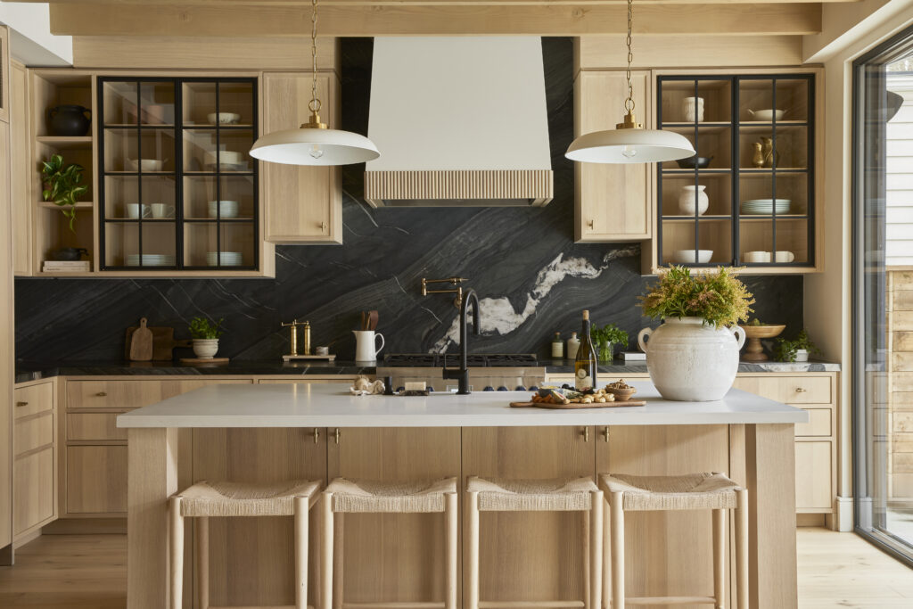 Kitchen island with charcuterie and wine