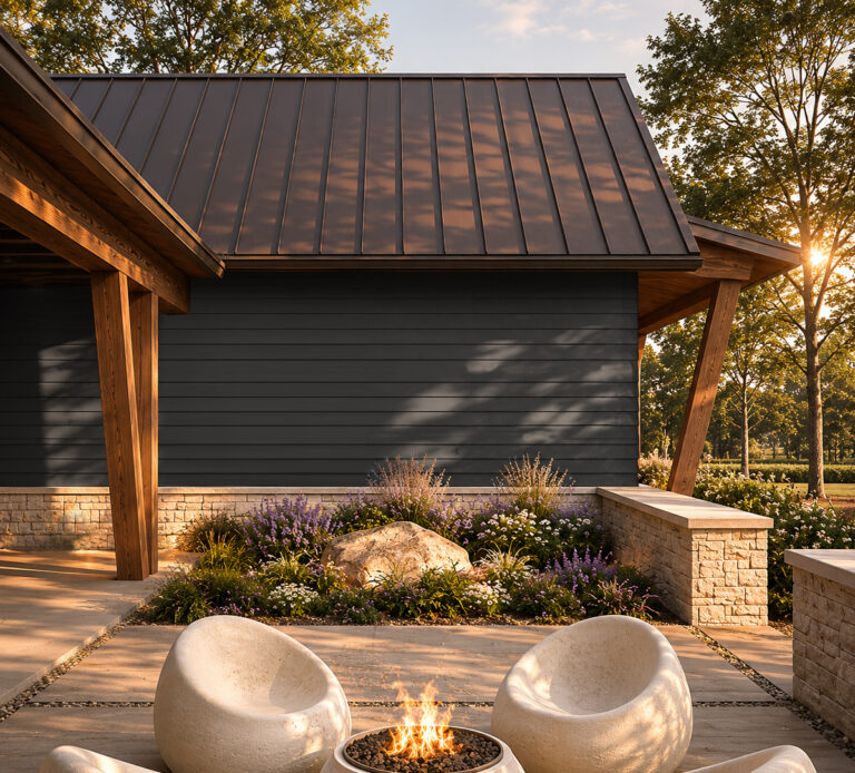 Harmony VISION House Asheville 2027 exterior fire pit rendering