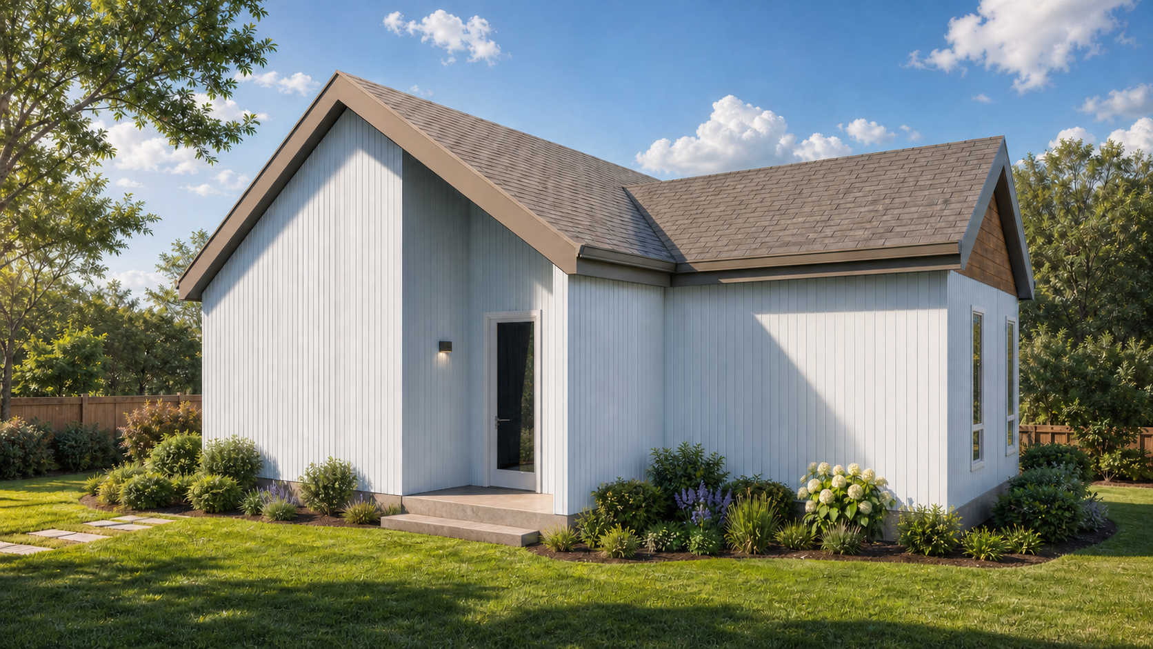 Sunny exterior of 2-bedroom garden suite home.