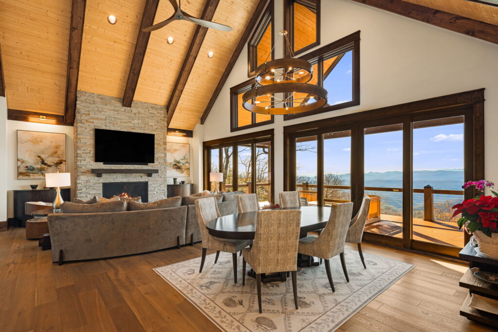Open living and dining area with mountain views